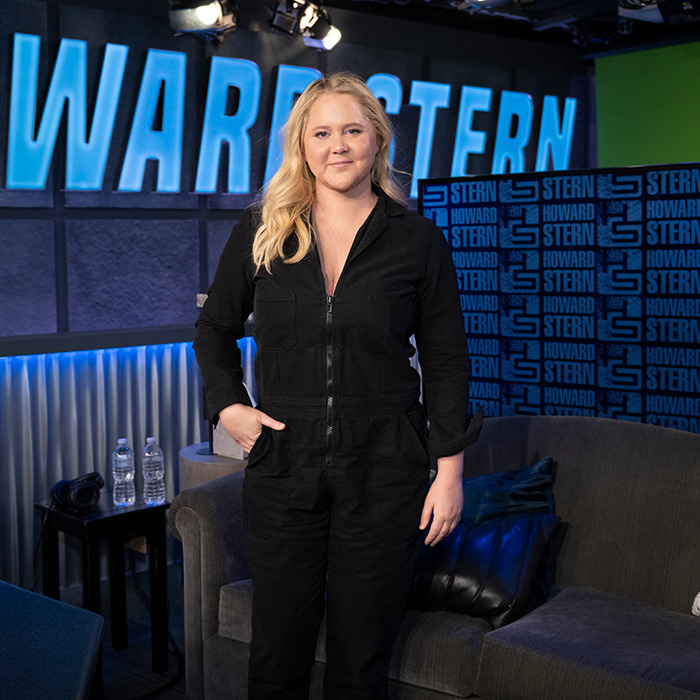 Amy Schumer in a black outfit, standing in a studio.