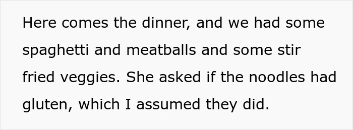 Dinner menu with spaghetti, meatballs, and veggies; concern raised over gluten in the noodles due to allergy. Dinner menu with spaghetti, meatballs, and veggies; concern raised over gluten in the noodles due to allergy.