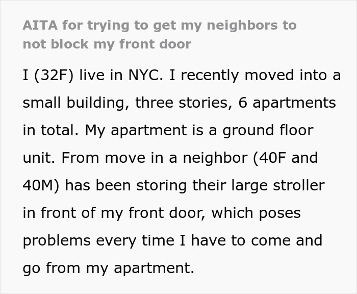 Text post about a woman reporting neighbors for blocking her door with a stroller.