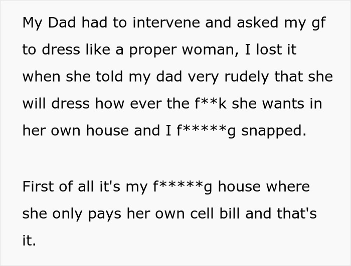 Text depicting a family argument about the girlfriend's rude behavior and disagreement.