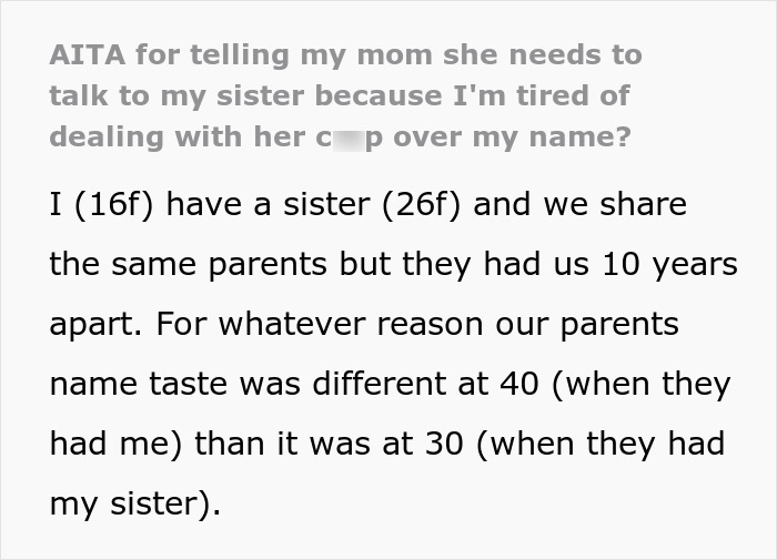 26YO Holds Lifelong Grudge Against 16YO Sis For Having A Modern Name, Turns Nasty Over It