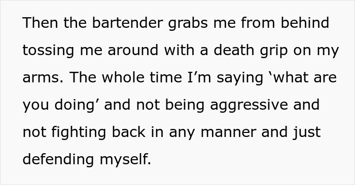 Text describing an incident involving a bartender and a customer over an auto tip dispute.