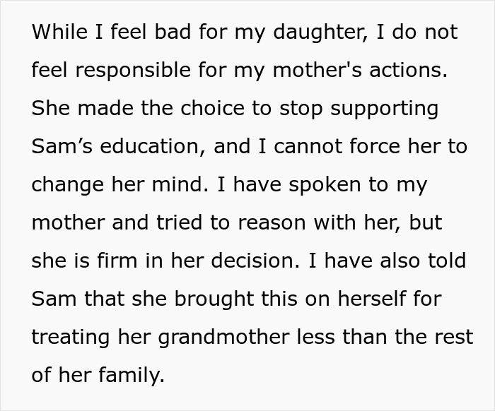 Text explaining a granddaughter's family priorities affecting her college tuition support decision. Text explaining a granddaughter's family priorities affecting her college tuition support decision.