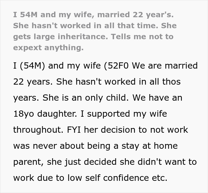 Man Considers Divorce When Wife Refuses To Share Her Inheritance After Relying On Him For 22 Years