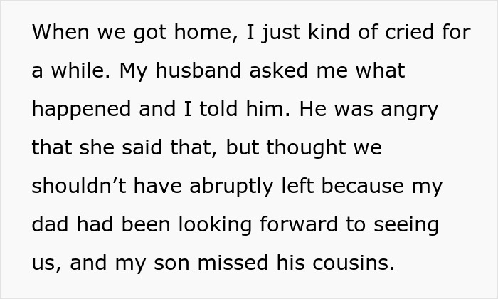 Text about a woman explaining her husband's reaction to a family incident involving a miscarriage comment. Text about a woman explaining her husband's reaction to a family incident involving a miscarriage comment.