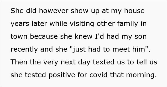 Text exchange about a woman's unexpected visit to meet a newborn and later testing positive for COVID.
