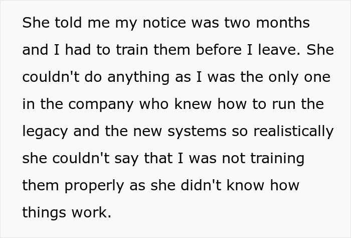 Text about the only person at a company who knows how things work, discussing training and job notice period.