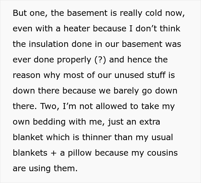 Text about a cold dingy basement and insufficient bedding for a 16-year-old.