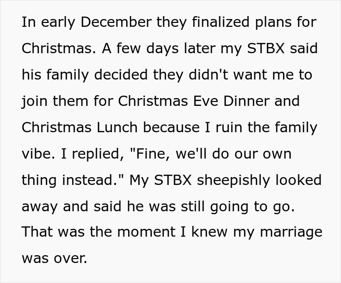 Text reads about a husband choosing his mom and sister over his wife during Christmas, leading to a marriage ending.
