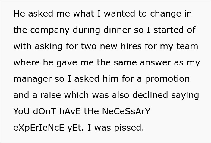 Text shows a conversation about company changes, promotions, and hiring, with emphasis on "necessary experience" for a raise.