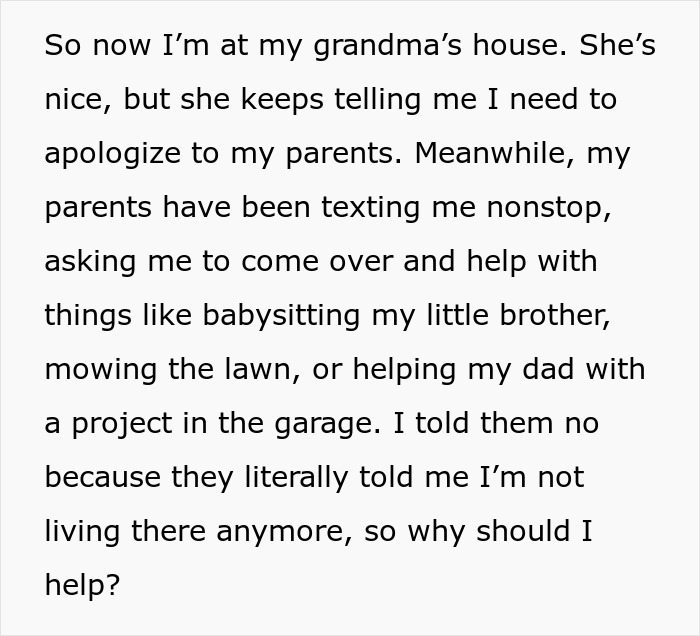 Text excerpt discussing refusal to help parents after being told they're not living there.