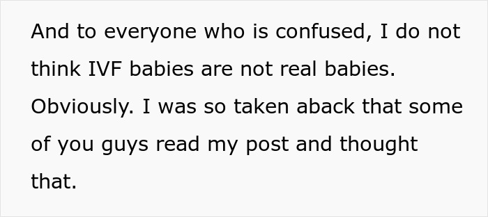 Text clarifying IVF babies are real, addressing a misunderstanding. Text clarifying IVF babies are real, addressing a misunderstanding.