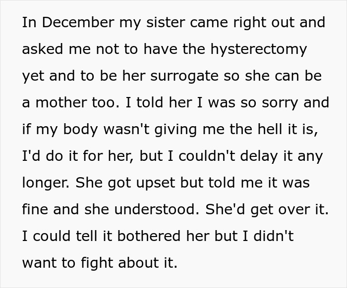 Text excerpt discussing a woman's decision to have a hysterectomy and facing pressure to become a surrogate. Text excerpt discussing a woman's decision to have a hysterectomy and facing pressure to become a surrogate.