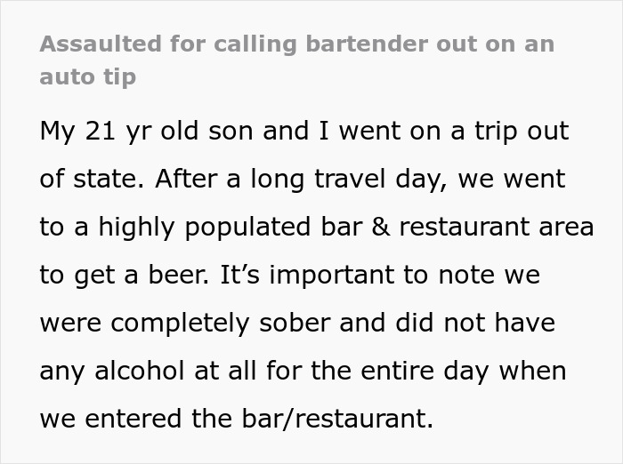 Text describing an incident involving a bartender and an auto tip, with details of a trip and sobriety.