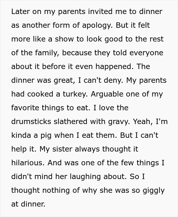 Text describing a dinner apology with family, highlighting turkey and gravy enjoyment, amidst a minor disagreement. Text describing a dinner apology with family, highlighting turkey and gravy enjoyment, amidst a minor disagreement.
