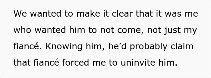 Text about a bride clarifying she wanted to uninvite someone, not her fianc&eacute;.