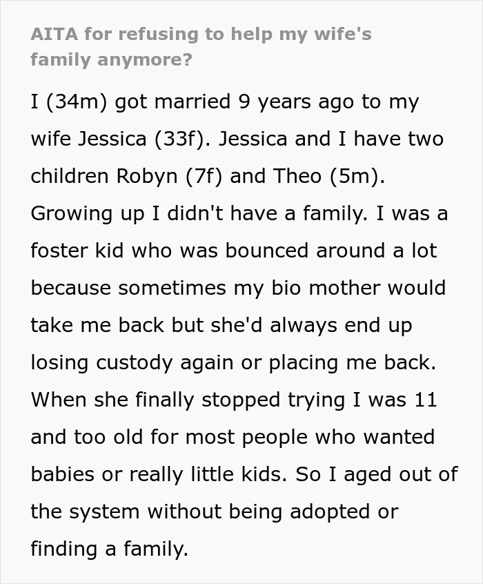 Text image discussing a man refusing to help his wife's family and his past in foster care.