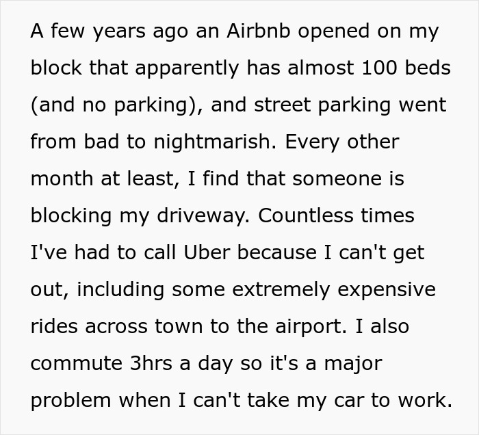 Text describing a frequent issue of cars blocking a driveway on a crowded block, causing inconvenience for commuters.