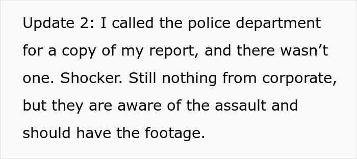 Text update on police report and corporate response in Walmart mobility cart incident.