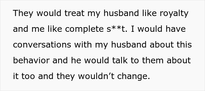 Text about a woman considering legal action against her husband's family for unpaid bills.