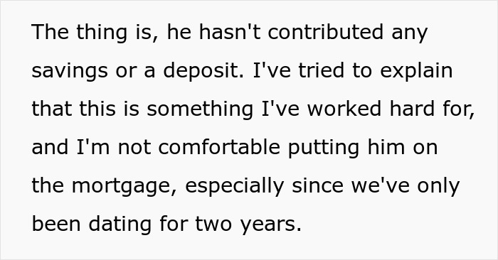 Text discussing boyfriend upset over not being included on mortgage due to lack of contribution. Text discussing boyfriend upset over not being included on mortgage due to lack of contribution.