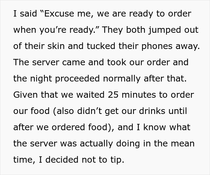 Text describes a delayed restaurant experience leading to a decision not to tip the staff. Text describes a delayed restaurant experience leading to a decision not to tip the staff.