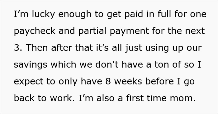 Text about a first-time mom discussing financial concerns and limited maternity leave.