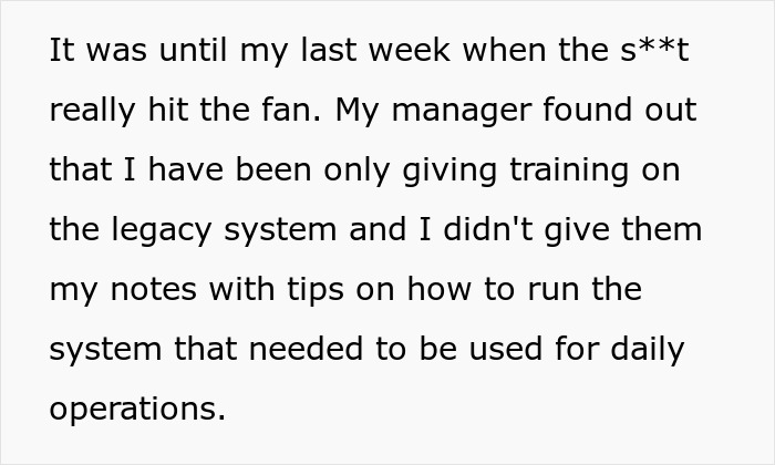 Text about a manager discovering inadequate training before an employee's last week, causing operational issues.