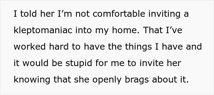 Text about a woman uncomfortable with inviting kleptomaniac into her home, expressing concerns over theft. Text about a woman uncomfortable with inviting kleptomaniac into her home, expressing concerns over theft.