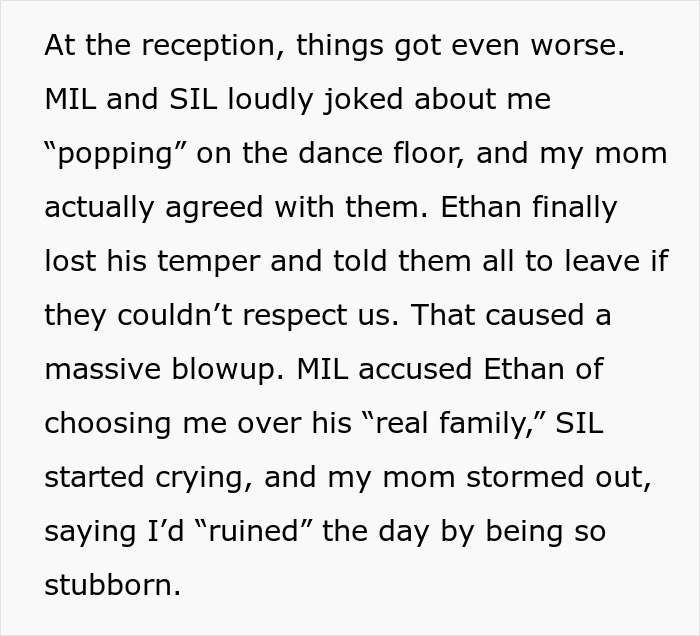 Text describing a tense wedding reception scene involving MIL and SIL causing a disruption over pregnancy.