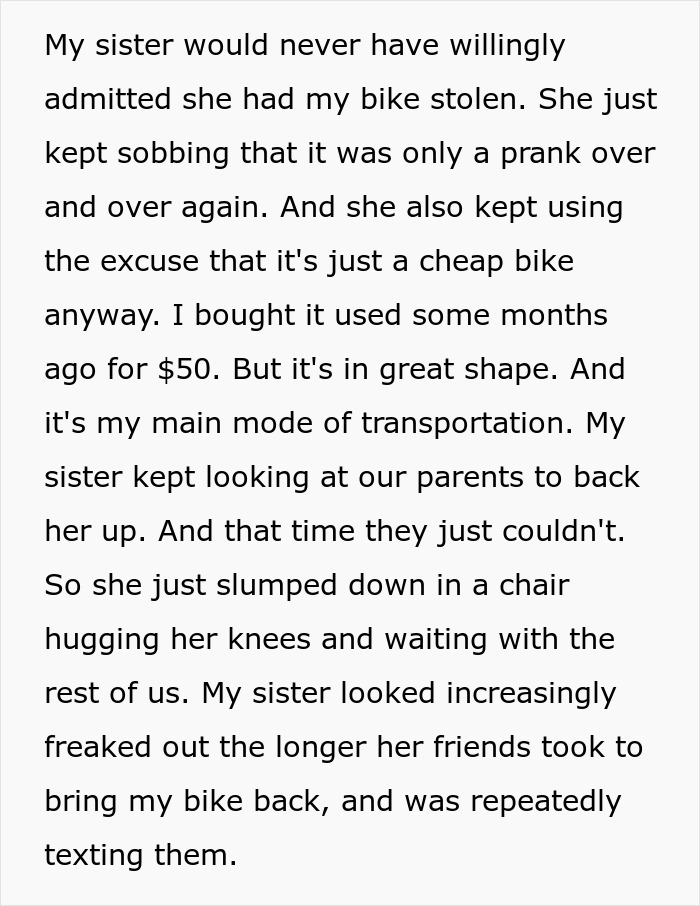 Text discussing sister's prank involving stealing brother's cheap bike, leading to family tension. Text discussing sister's prank involving stealing brother's cheap bike, leading to family tension.
