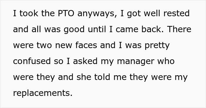 Text discussing a boss's panic after firing the only person who knows how things work, revealing replacements.