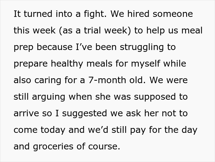 New mom struggling with meal prep and caring for baby, leading to a fight with husband over hiring help.