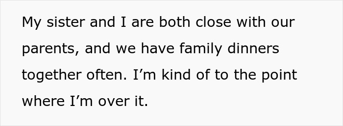 Text excerpt discussing family dynamics and frequent dinners, expressing frustration.
