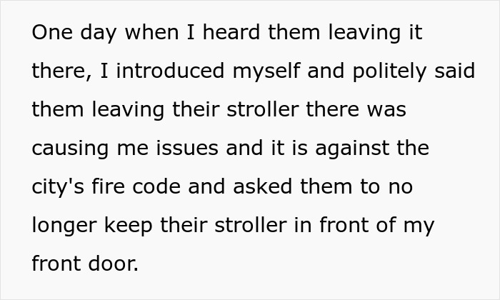 Text describing a woman addressing neighbors about their stroller blocking her door.