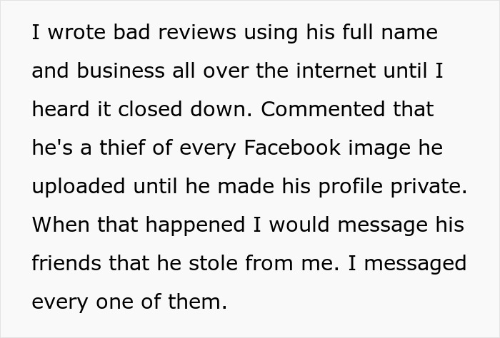 Text describing revenge actions against a non-paying client through internet reviews and messages.