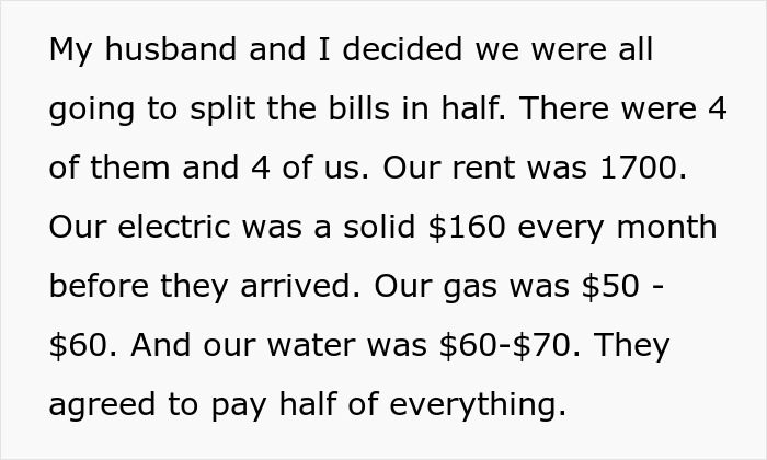 Text describing a couple's agreement to split bills with husband's family, mentioning specific costs like rent and utilities.