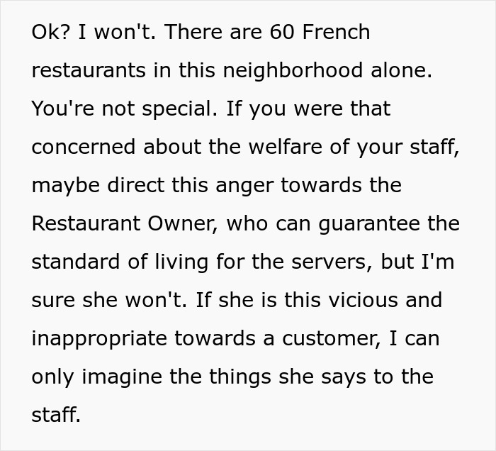 Text discussing customer service standards in a French restaurant neighborhood. Text discussing customer service standards in a French restaurant neighborhood.