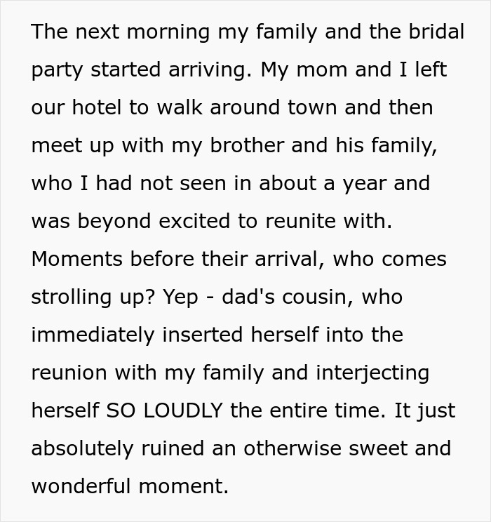 Text describing an obsessed woman unexpectedly attending a rehearsal dinner.