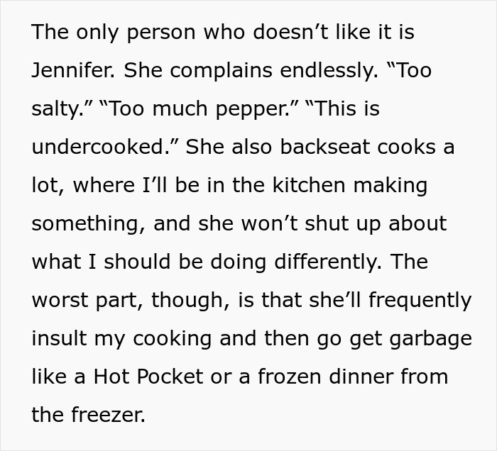 Text discussing a husband experiencing cooking drama with his wife&rsquo;s critiques and preferences for frozen foods.