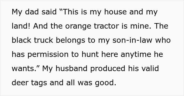 Text from a story about entitled neighbor, discussing private land and deer hunting permissions.
