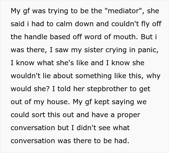 Text discussing a conflict involving the narrator's girlfriend acting as a mediator and the stepbrother being told to leave.