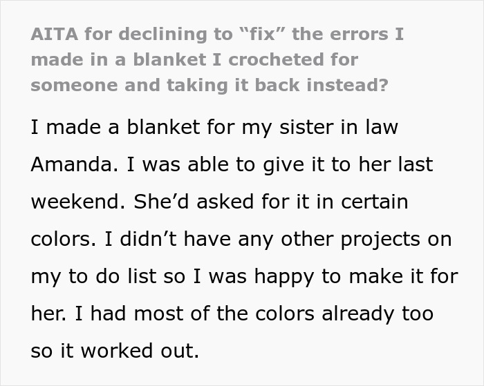 Text about handmade gift demands and perfection for a crocheted blanket request. Text about handmade gift demands and perfection for a crocheted blanket request.