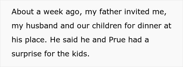 Text recounting a dinner invitation with a surprise for the kids.