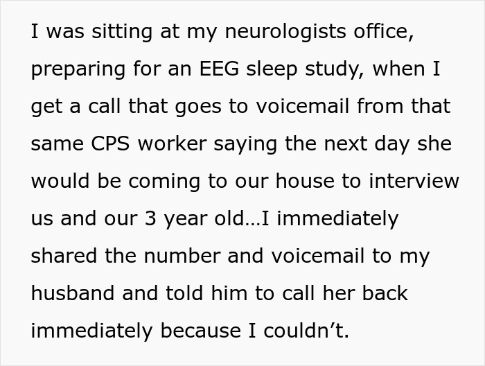 Text message mentioning CPS visit, family interview, and the woman's reaction.