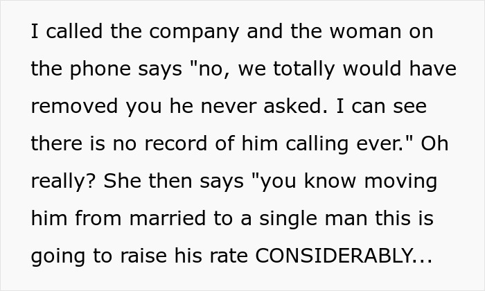 Text conversation relating to revenge theme, discussing removal from a company and changes in marital status affecting rates. Text conversation relating to revenge theme, discussing removal from a company and changes in marital status affecting rates.