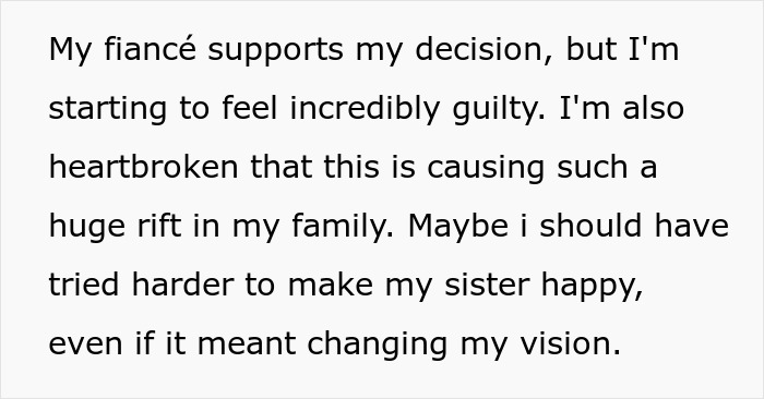 Text expressing guilt and family tension over wedding color scheme changes requested by sister. Text expressing guilt and family tension over wedding color scheme changes requested by sister.
