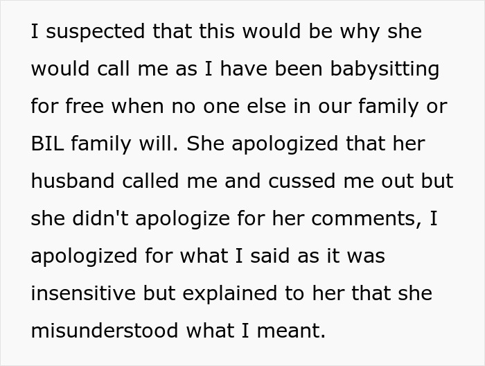 Text from a conversation discussing a misunderstanding about comments regarding a sister's baby. Text from a conversation discussing a misunderstanding about comments regarding a sister's baby.