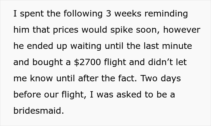 Text discussing regret over Europe trip with boyfriend, mentions unexpected $2700 flight purchase and bridesmaid invitation.