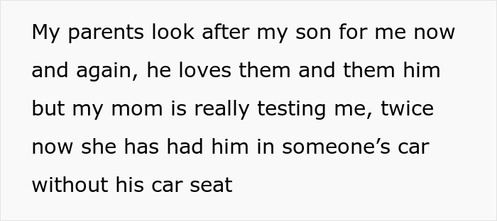 Text about grandma ignoring mom's plea to use car seat for the child.